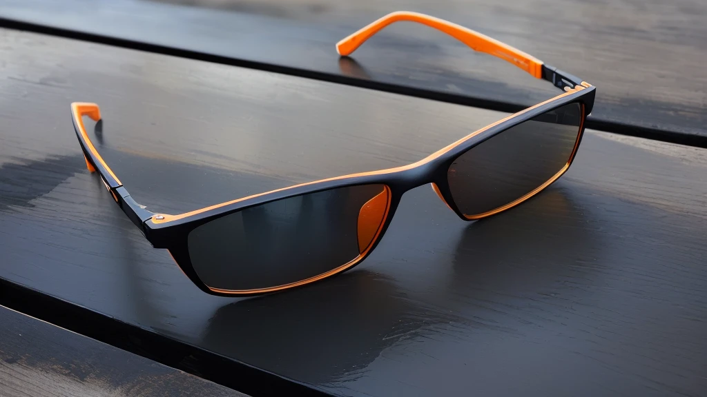 sunglasses on a table with a black background, dark grey and orange colours, black and orange, wearing orange sunglasses, orange sunglasses, orange and black, sunglasses on, dark blue + dark orange, technological sunglasses, grey orange, orange and black tones, orange details, cool glasses, sun glasses, high angle close up shot, taken with sony a7r camera
