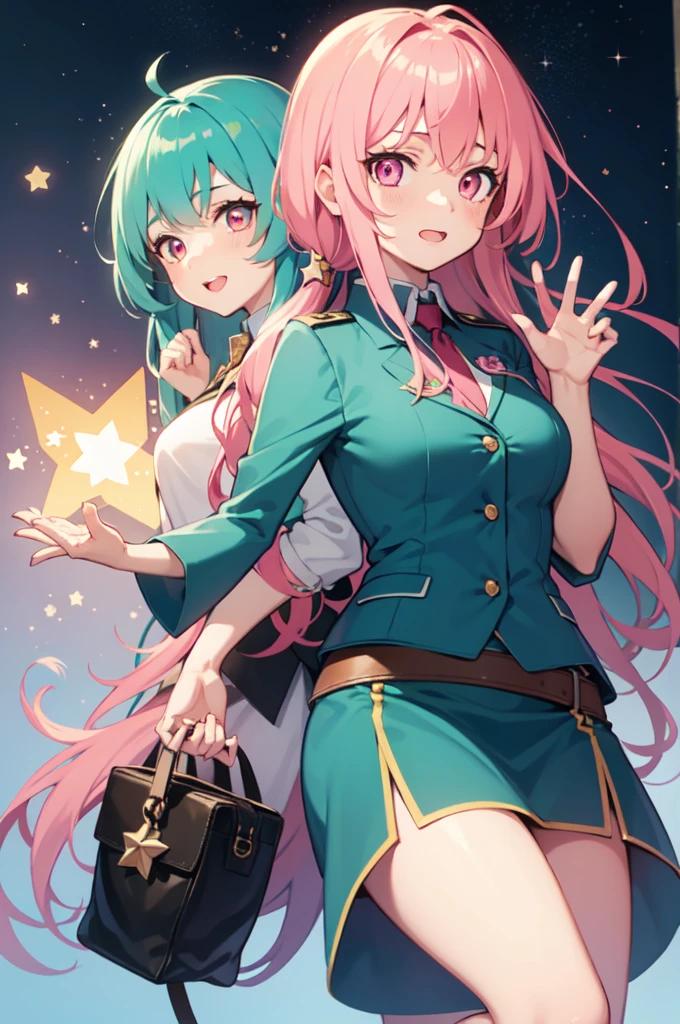 Boku no hero academy girl, with turquoise blue hair with green and pink streaks and pink eyes with a star floating in her hands