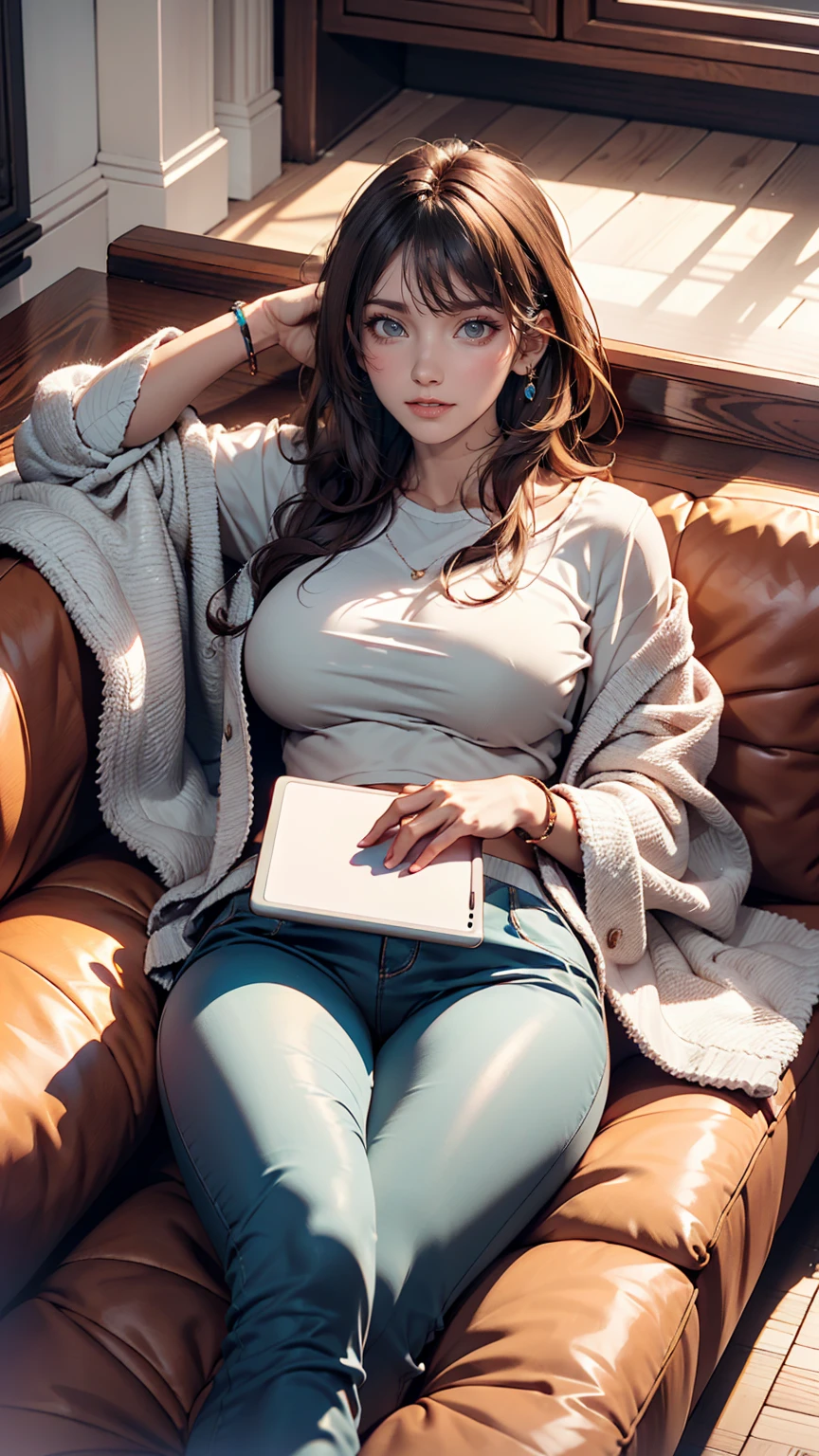 24-year-old female、Relaxed loungewear、Soft fabric hot pants、Fur slippers、Lying on a soft three-seater sofa and looking at a tablet、Push your glasses down your nose、Looking up at the viewer、I'm at home so I'm completely off guard、No makeup
