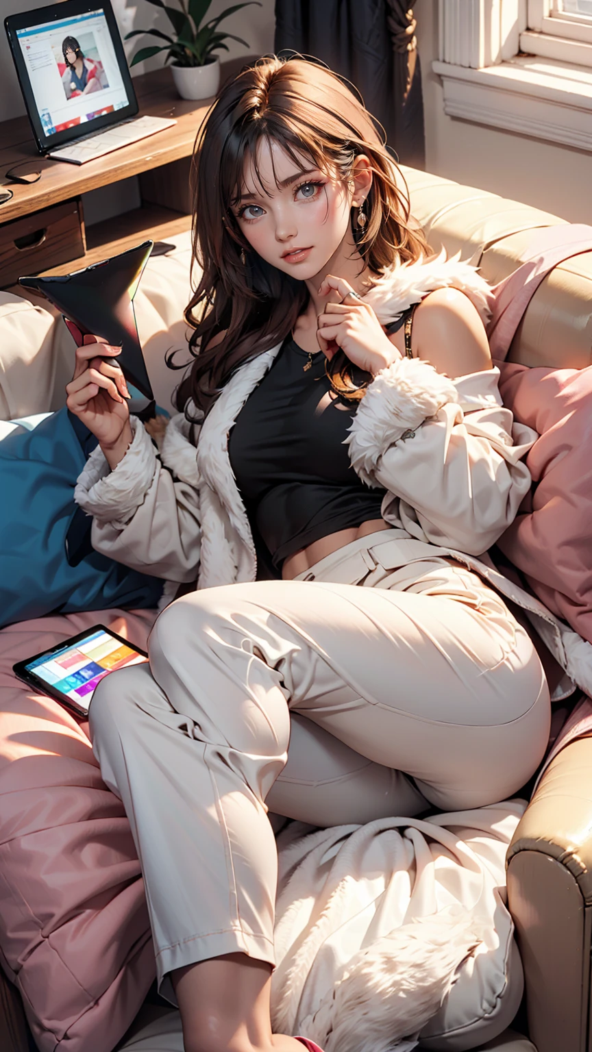 24-year-old female、Relaxed loungewear、Soft fabric hot pants、Fur slippers、Lying on a soft three-seater sofa and looking at a tablet、Push your glasses down your nose、Looking up at the viewer、I'm at home so I'm completely off guard、No makeup