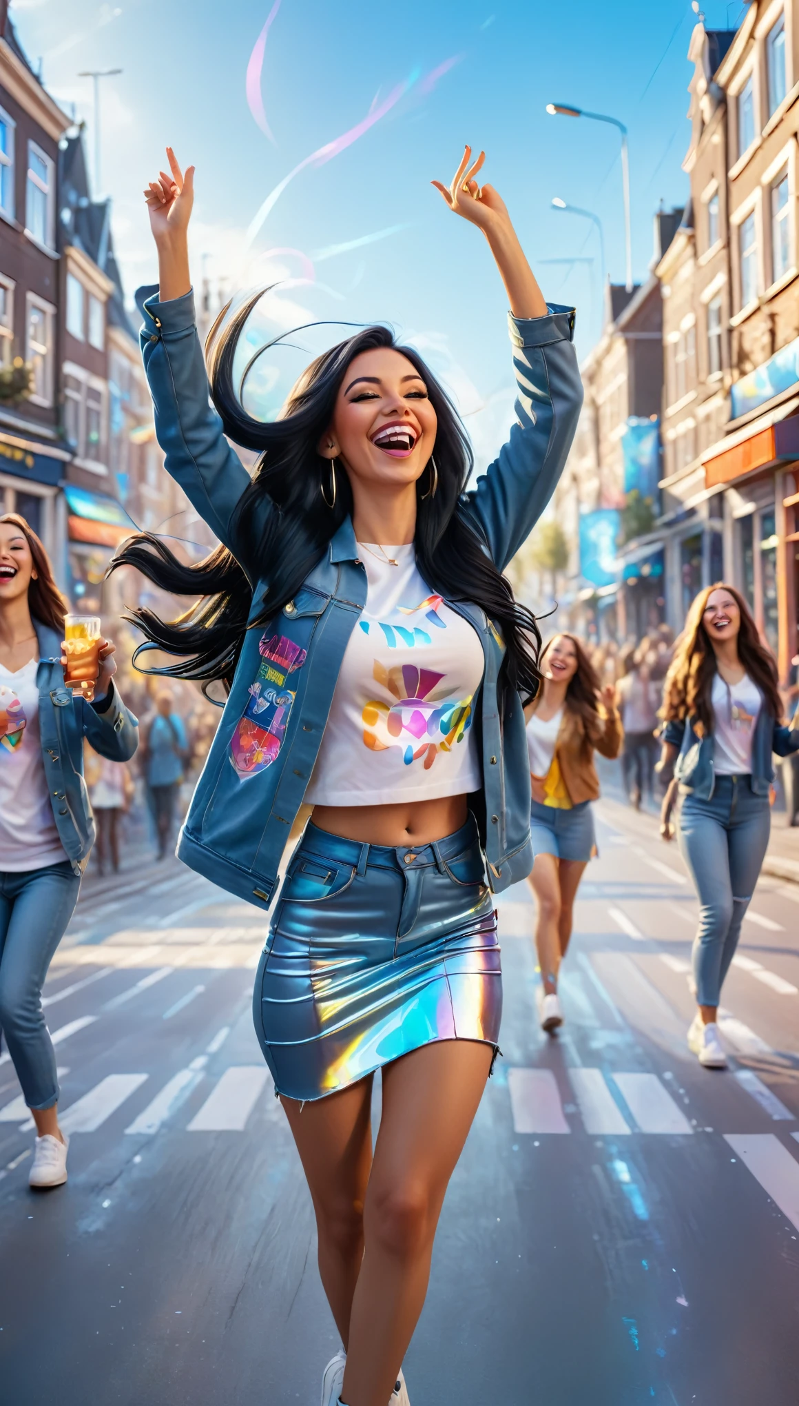 Adult women with STRAIGHT and LONG BLACK HAIR, dutch, dressed in urban clothes, In an urban landscape and holographic signs、DANCING HAPPY. HANDS RAISED on the road. are drinking and laughing, The background is modern, high tech vibe. Lovely Digital Painting, 3D rendering, Bright lighting, swirly vibrant colors. adult people, pessoas bonitas, long and straight hair