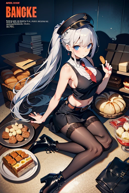 , masterpiece, best quality, miniskirt, (black and thin underwear), (open skirt), smile, smiley face, sitting, at the library, evening, solo, crop top, shadow, white shirt, long arms shirts, long shirt, black hair, black skirt, red necktie, Only , sitting and eating KFC, only 2 arms, Sitting with  apart, HuTao From Genshin Impact,only 2 legs