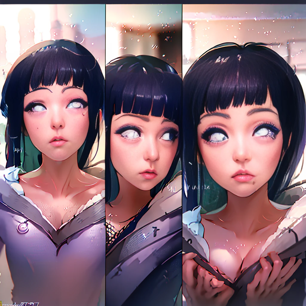 (Fraction_9,Fraction_8_Direction_7_up),1 Girl,beautiful_Face,White eyes,Hyuga Hinata,Dark blue hair,Big breasts,whole body,Bare thighs,barefoot