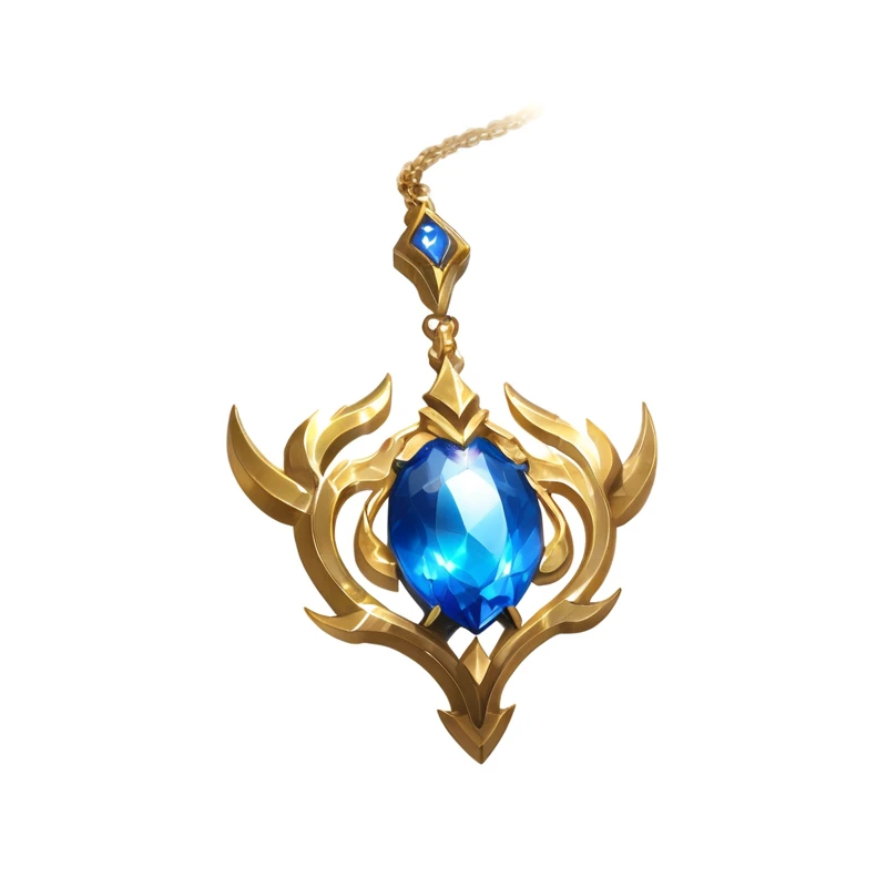 Close up of blue gemstone on gold chain, Heartstone original art style, magic amulet, League of Legends Inventory Items, Role Playing Game Items, Capability Image, Frost Accelerator, Holy Flame Crown Spell, League of Legends Arcane, The glittering gem on the hilt, sapphire, Orianna, Gold and gorgeous jewelry, Fantasy game spell symbols, amulet