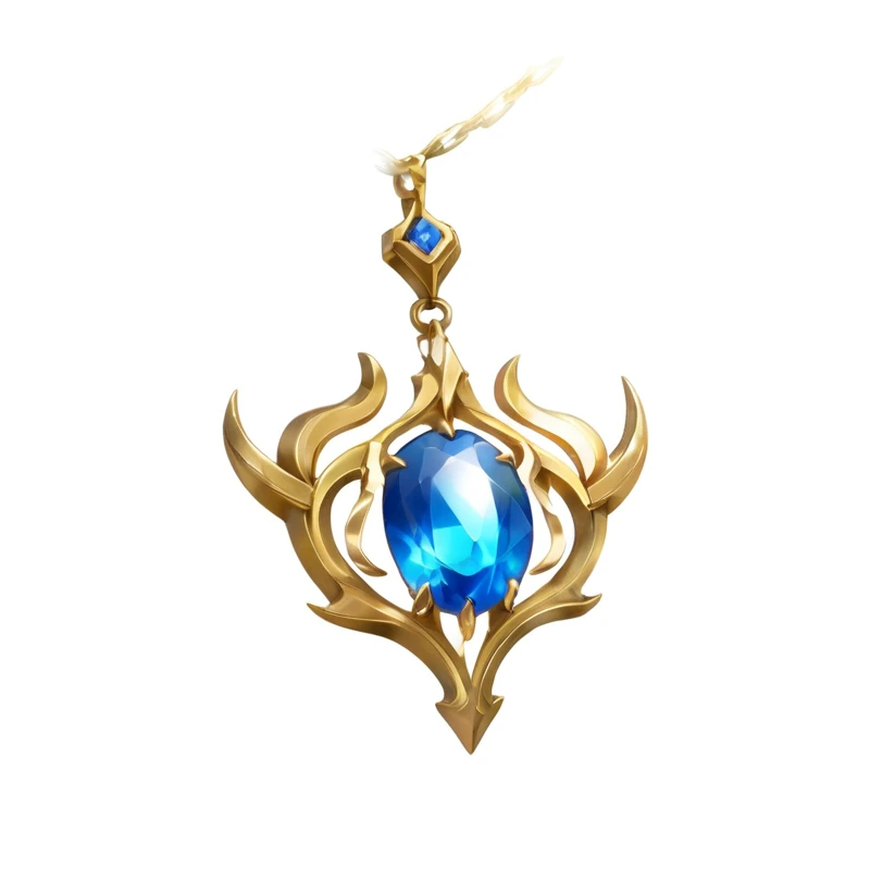 Close up of blue gemstone on gold chain, Heartstone original art style, magic amulet, League of Legends Inventory Items, Role Playing Game Items, Capability Image, Frost Accelerator, Holy Flame Crown Spell, League of Legends Arcane, The glittering gem on the hilt, sapphire, Orianna, Gold and gorgeous jewelry, Fantasy game spell symbols, amulet