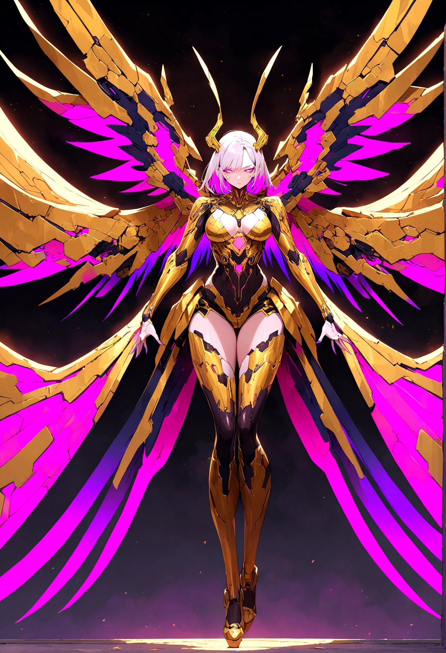 cyberpunk angel, gold ornaments, full body, gigantic wings, powerfull, intimidating, beautiful face, colorful neon deatails