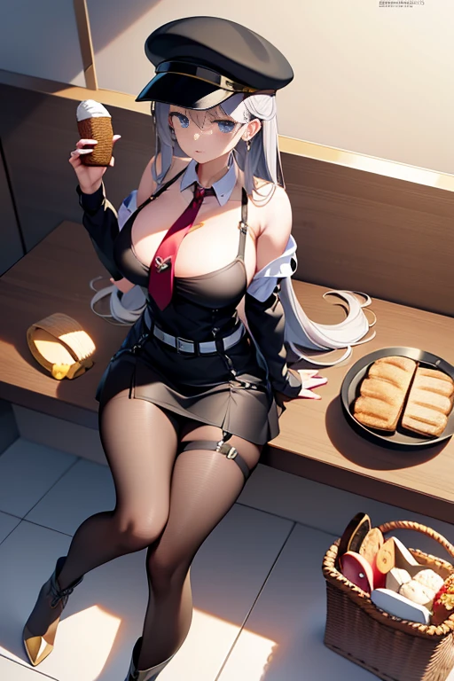 (perky chest:1.2), (pointed chest:1.2),(icecream magazine cover:1.3),(from above:1.2),(shoot from the side:1.1),(((Black Tunic:1.3))),(((cakes and bread in the basket),a 23yo Cute and beautiful girl,masterpiece、highest quality、Very detailed、Beautiful fine details、Detailed landscape、Braided Ponytail、Red camisole、((B cup breasts, Tank top showing underboob:1.0)), thigh strap, bangs, necktie, earrings, nail polish, fishnet pantyhose, silver hair, looking at viewer, full body, bottle, own hands together, belt, food, ring, choker, english text paper:1.2, collared shirt, blue eyes, hat,lace-up boots , 