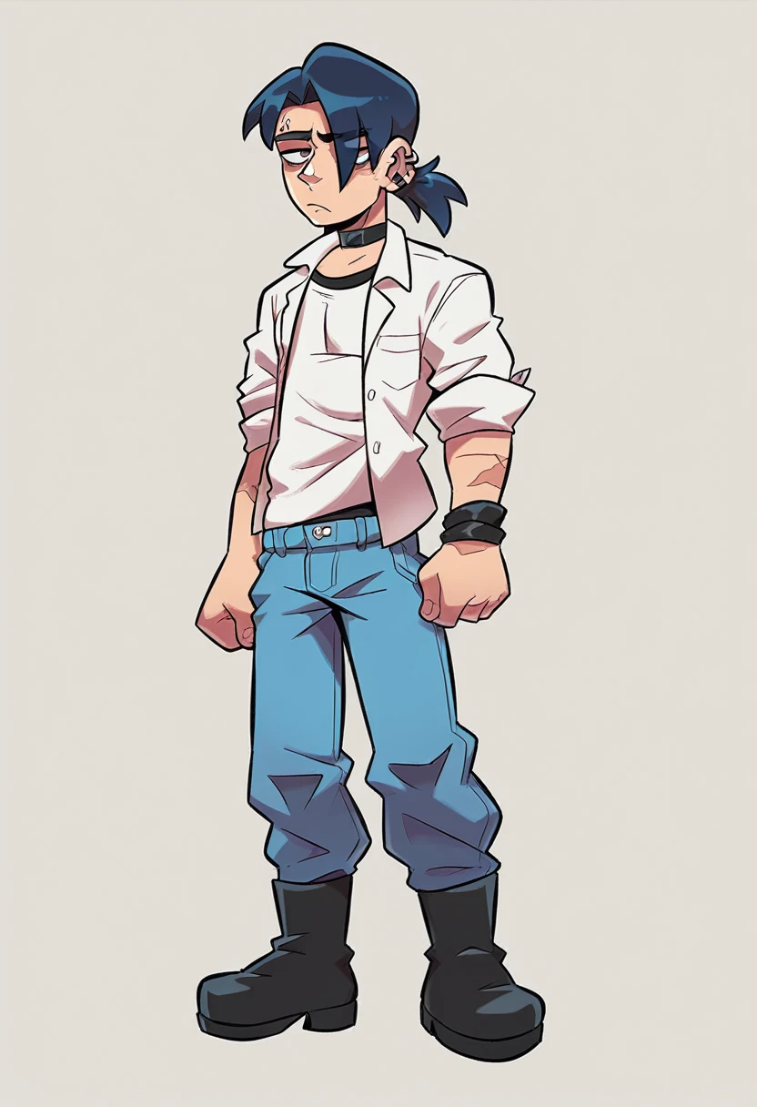 Guy Height 160, His medium-length hair is pulled back into a low ponytail., one strand falls on the face. He usually wears a black T-shirt under an open white jacket with the sleeves rolled up, grayish blue trousers and black boots. He also wears several accessories, such as black bracelets, Dark eyeliner, black choker that covers the scar on his neck, and two spiral piercings in each ear. He can almost always be seen looking tired / gloomy expression. Doesn't interact much with others