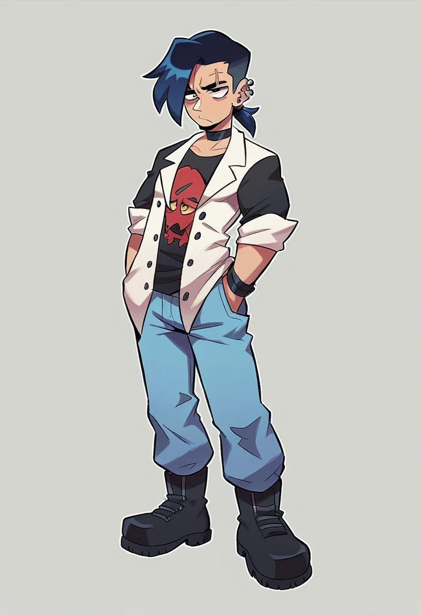 Guy Height 160, His medium-length hair is pulled back into a low ponytail., one strand falls on the face. He usually wears a black T-shirt under an open white jacket with the sleeves rolled up, grayish blue trousers and black boots. He also wears several accessories, such as black bracelets, Dark eyeliner, black choker that covers the scar on his neck, and two spiral piercings in each ear. He can almost always be seen looking tired / gloomy expression. Doesn't interact much with others