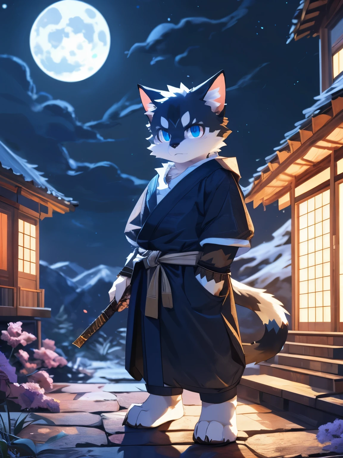 nj5furry，kemono，full-length portrait，anthro，hi res，juvenile，male，assassin，Black Cat，Fluffy hair，White plush paw，blue eyes，Delicate eyes，Detailed eyes，Extremely high detail，8K HD characters，night，Tea House，Fighting Stance