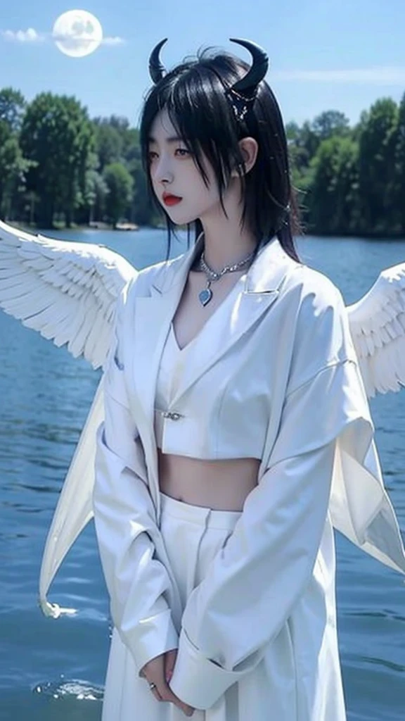 Blue hair,satanic necklace,choker, black suit, suit with tie, black veil, satanic earing,standing in the lake with moon in the sky, angel, wings, White wings, holy girl, horns, lucifer, blue hair, blue hair color