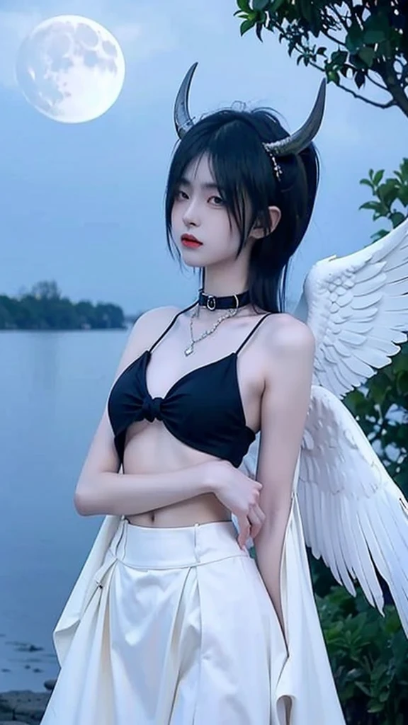 Blue hair,satanic necklace,choker, black suit, suit with tie, black veil, satanic earing,standing in the lake with moon in the sky, angel, wings, White wings, holy girl, horns, lucifer, blue hair, blue hair color