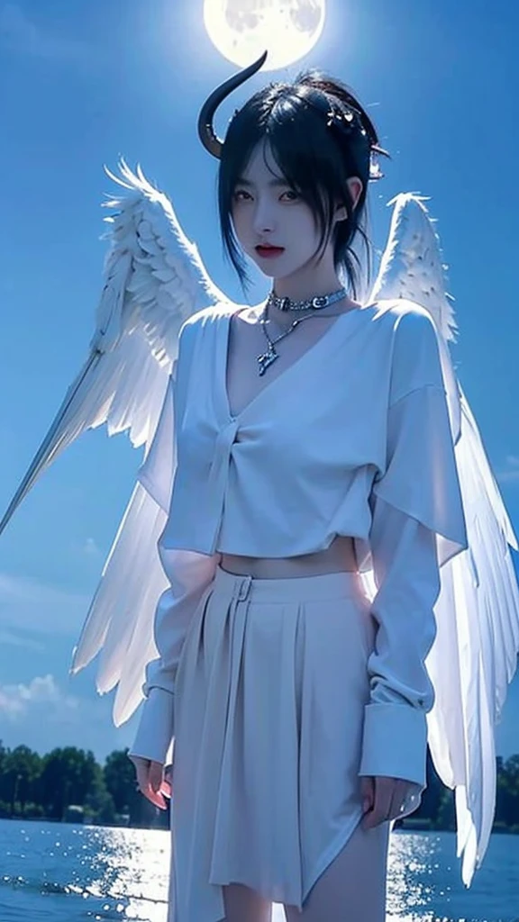 Blue hair,satanic necklace,choker, black suit, suit with tie, black veil, satanic earing,standing in the lake with moon in the sky, angel, wings, White wings, holy girl, horns, lucifer, blue hair, blue hair color