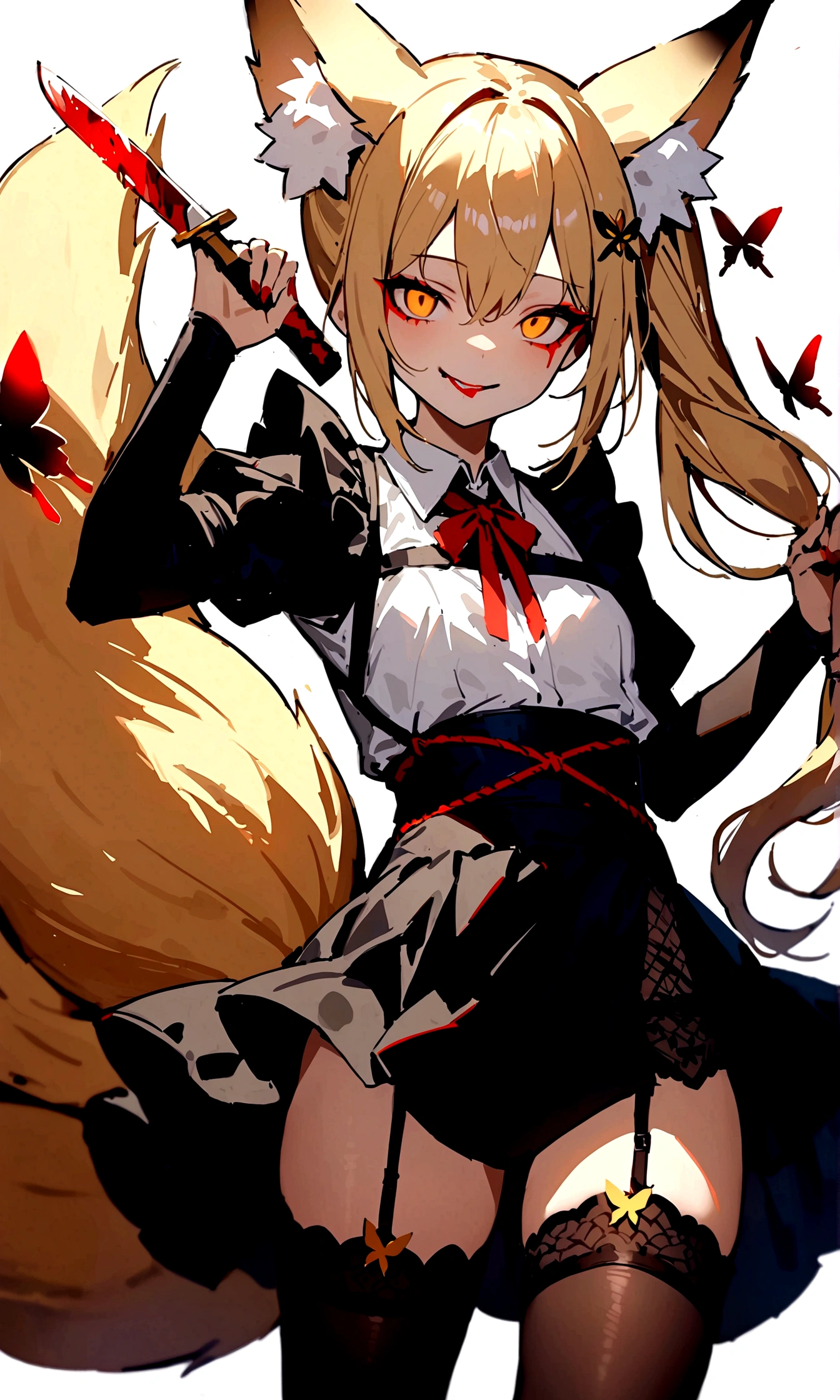 (masterpiece, best quality) junior,1girl,detailed, (beautiful,small breasts), blonde,long hair, side ponytail(tied to the left),Hairpin decoration with gold butterfly, elegant, (fox ears),nine tailed fox tail, red eyeshadow, golden eyes, femur,dark night sky,girl,yandere eyes,bloody face,피묻은 Maid복,Maid,white shirt,Black Skirt,Black stockings,Garter belt stockings,Bloody(blood on fullbody),bloody knife,ninja rope,holding weapon,evil smile