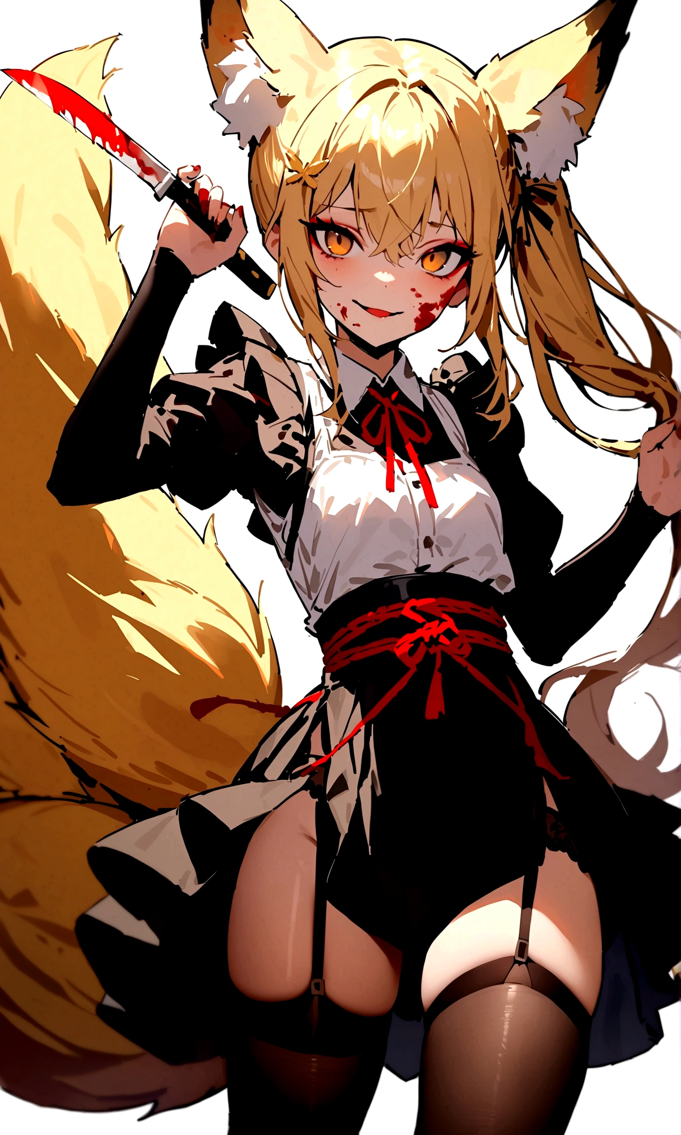 (masterpiece, best quality) junior,1girl,detailed, (beautiful,small breasts), blonde,long hair, side ponytail(tied to the left),Hairpin decoration with gold butterfly, elegant, (fox ears),nine tailed fox tail, red eyeshadow, golden eyes, femur,dark night sky,girl,yandere eyes,bloody face,피묻은 Maid복,Maid,white shirt,Black Skirt,Black stockings,Garter belt stockings,Bloody(blood on fullbody),bloody knife,ninja rope,holding weapon,evil smile