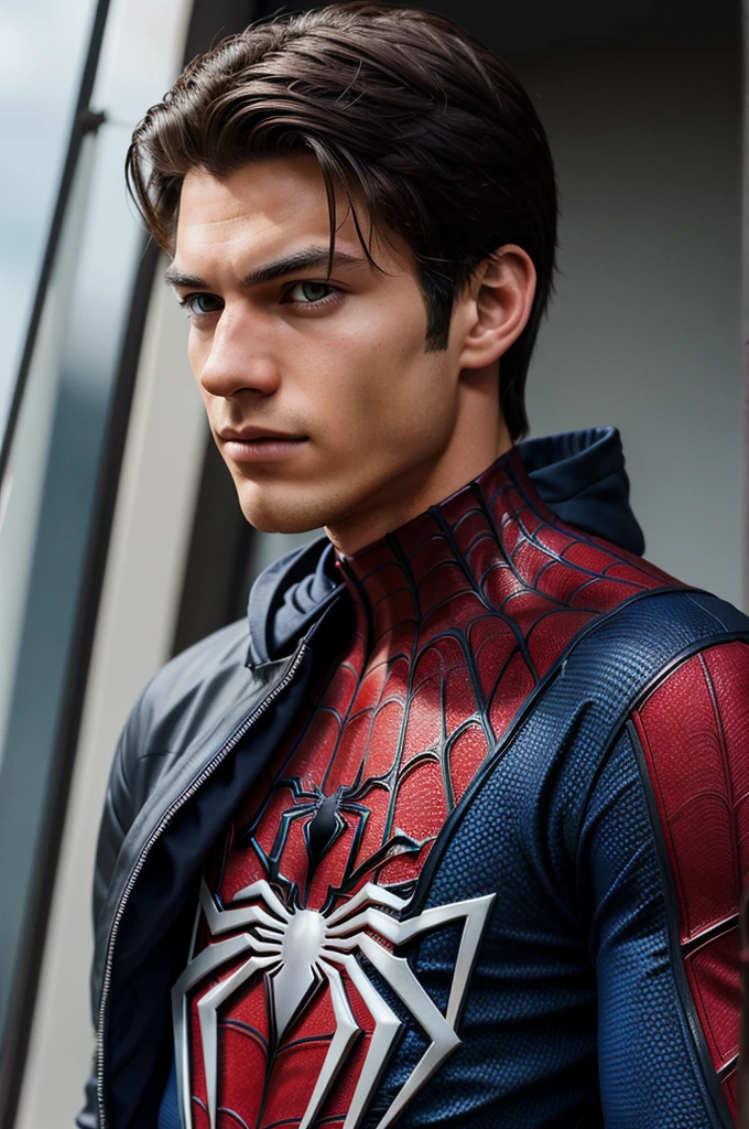 A photograph of spider man, no mask, 20 yo, handsome, detailed face, looking at camera, portrait, 8k uhd, high quality