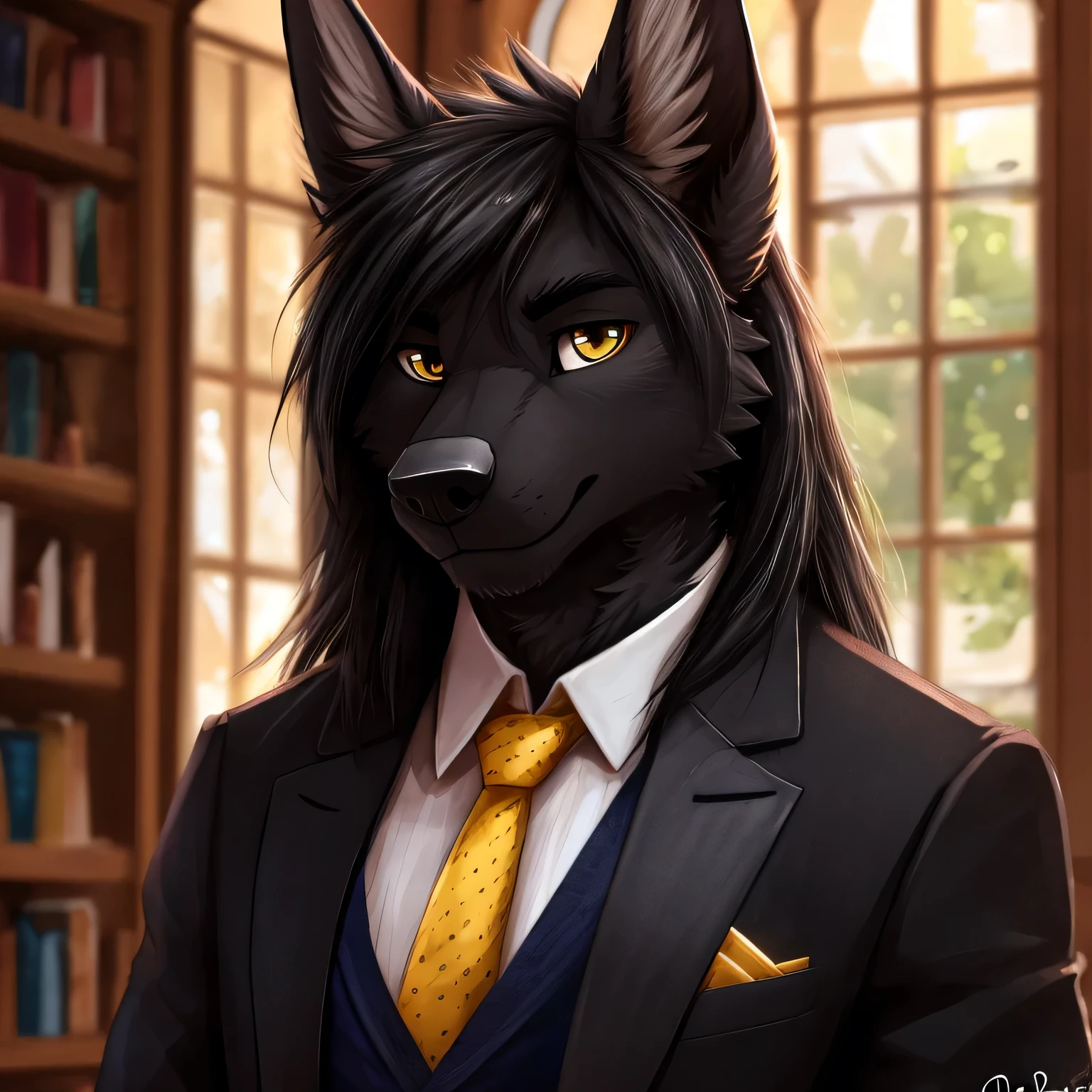 by waywardmutt, by pache_riggs, male, black dog jackal, handsome, male, black solid fur, long straight black shoulder length hair, gold eyes, black tuxedo suit, gold neck tie, high details, high quality, HD, 16k, semi realistic, (best quality,4k,8k,highres,masterpiece:1.2),ultra-detailed,realistic:1.37,HDR,UHD,