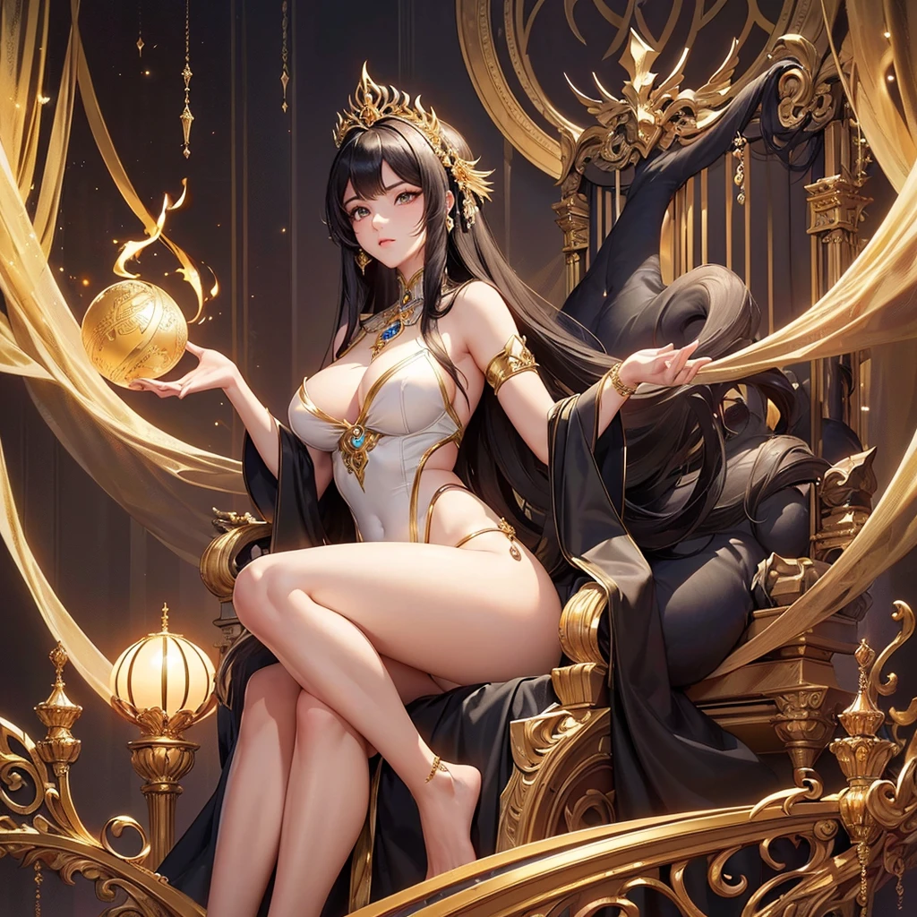 8K, The most realistic, Highest quality, full body image, beautiful woman, Fantasy, Ninai, ancient, Realistic style portrait of a beautiful princess., dragon palace, dragon crown, luxury jewelry, ((Sitting on a beautiful and elegant throne,(big, Spectacular, elegant, gentle eyes, Light Brown, Straight black hair, Beautiful hair, Symmetrical face)​, proportional figure, according to anatomy))​, ชุดFantasyancientมีสีสรรค์, Sitting posing on a throne in the midst of a shining dragon castle., Looks clear.)