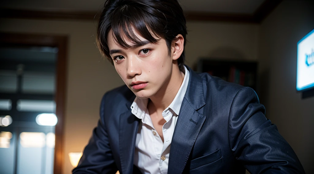 20 year old boy, blue suit jacket, white shirt, Red bow, 
