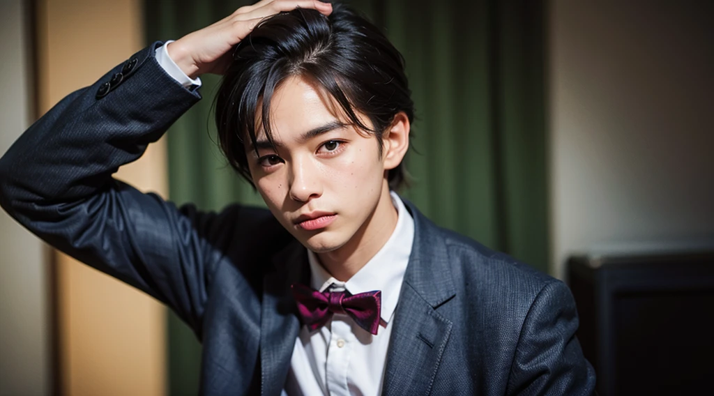 20 year old boy, blue suit jacket, white shirt, Red bow,