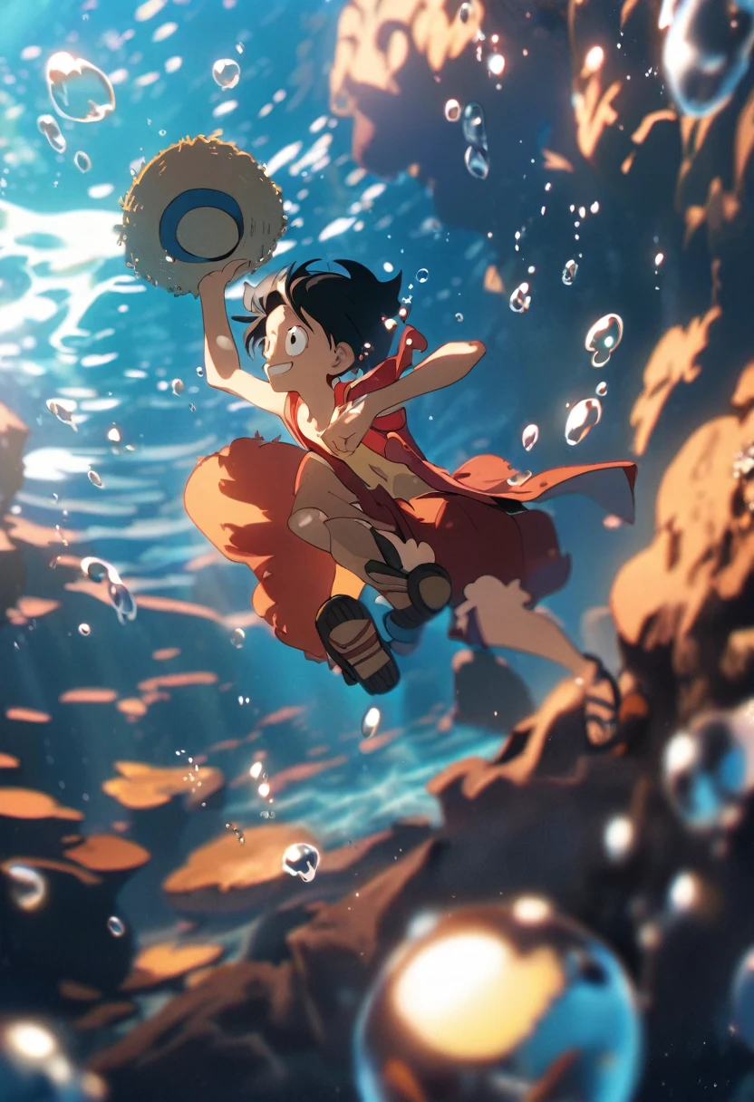 Anime character Monkey luffy, smile, short hair, shirt, black hair, 1boy, hat, male focus, open clothes, shorts, water, sandals, bubble, underwater, straw hat, air bubble, monkey d. luffy, water reflection, dreamy glow, cinematic look, high quality, full body, attractive look, particles, strips, and more attractive looking Background and overlays