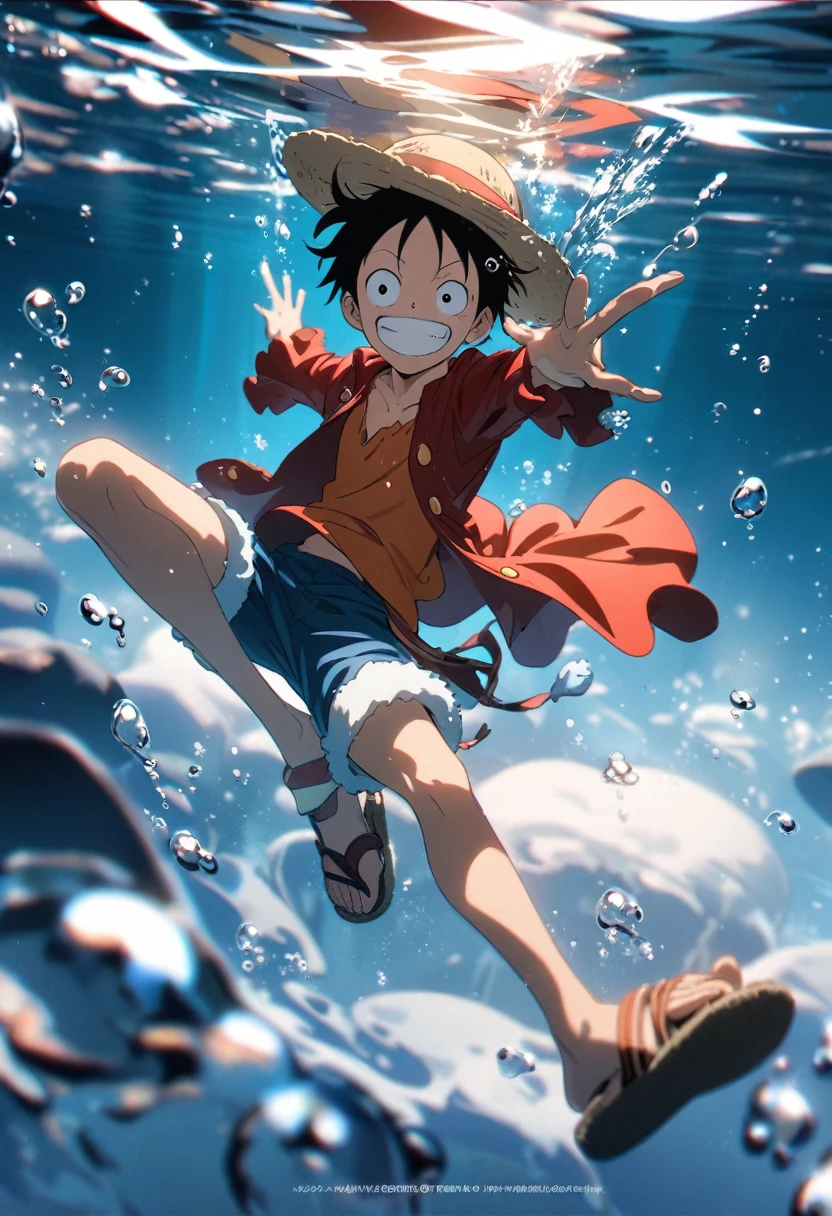 Anime character Monkey luffy, smile, short hair, shirt, black hair, 1boy, hat, male focus, open clothes, shorts, water, sandals, bubble, underwater, straw hat, air bubble, monkey d. luffy, water reflection, dreamy glow, cinematic look, high quality, full body, attractive look, particles, strips, and more attractive looking Background and overlays