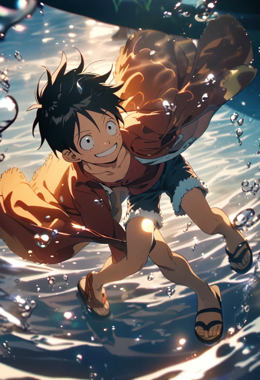 Anime character Monkey luffy, smile, short hair, shirt, black hair, 1boy, hat, male focus, open clothes, shorts, water, sandals, bubble, underwater, straw hat, air bubble, monkey d. luffy, water reflection, dreamy glow, cinematic look, high quality, full body, attractive look, particles, strips, and more attractive looking Background and overlays