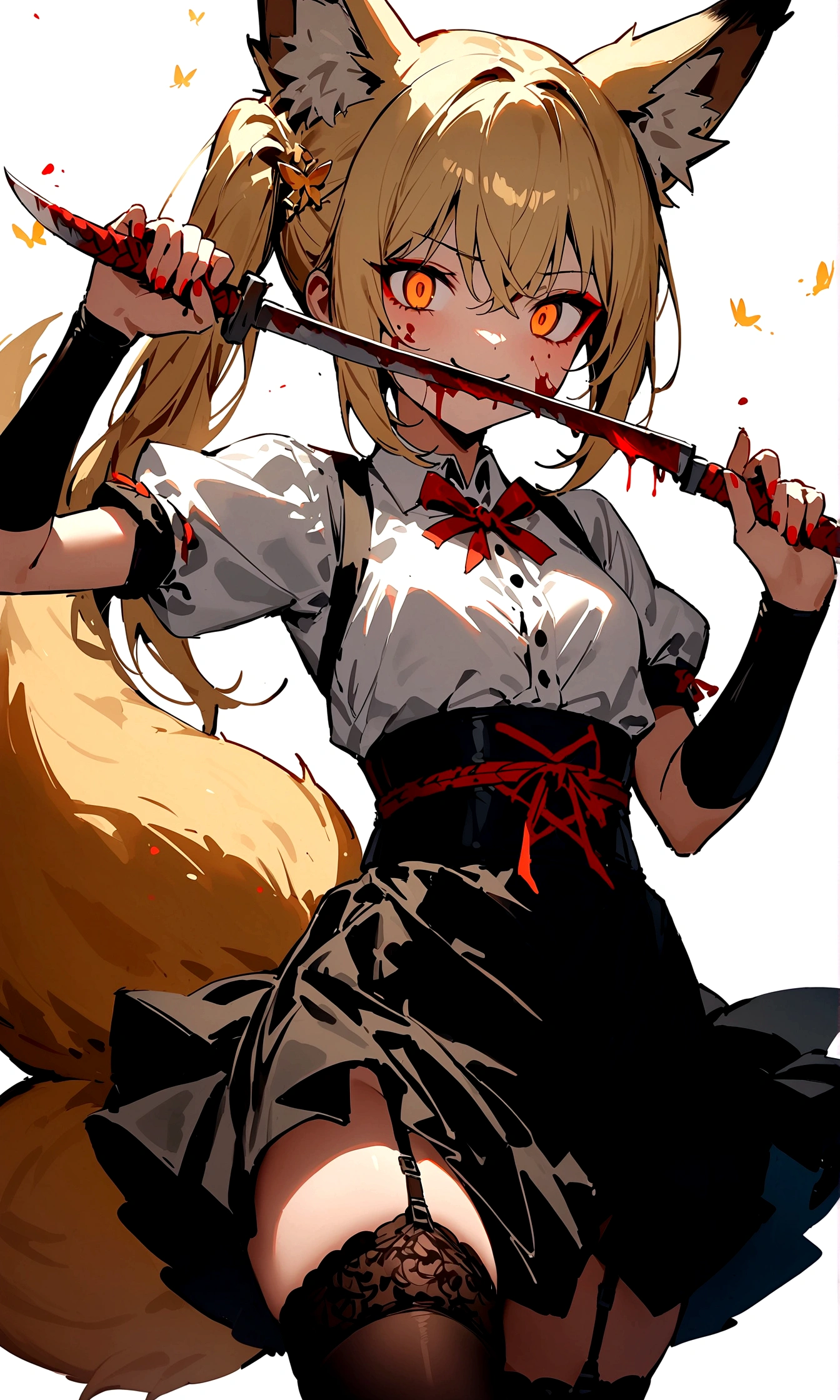 (masterpiece, best quality) junior,1girl,detailed, (beautiful,small breasts), blonde,long hair, side ponytail(tied to the left),Hairpin decoration with gold butterfly, elegant, (fox ears),nine tailed fox tail, red eyeshadow, golden eyes, femur,dark night sky,girl,yandere eyes,bloody face,피묻은 Maid복,Maid,white shirt,Black Skirt,Black stockings,Garter belt stockings,Bloody(blood on fullbody),bloody knife,ninja rope,holding weapon,evil smile