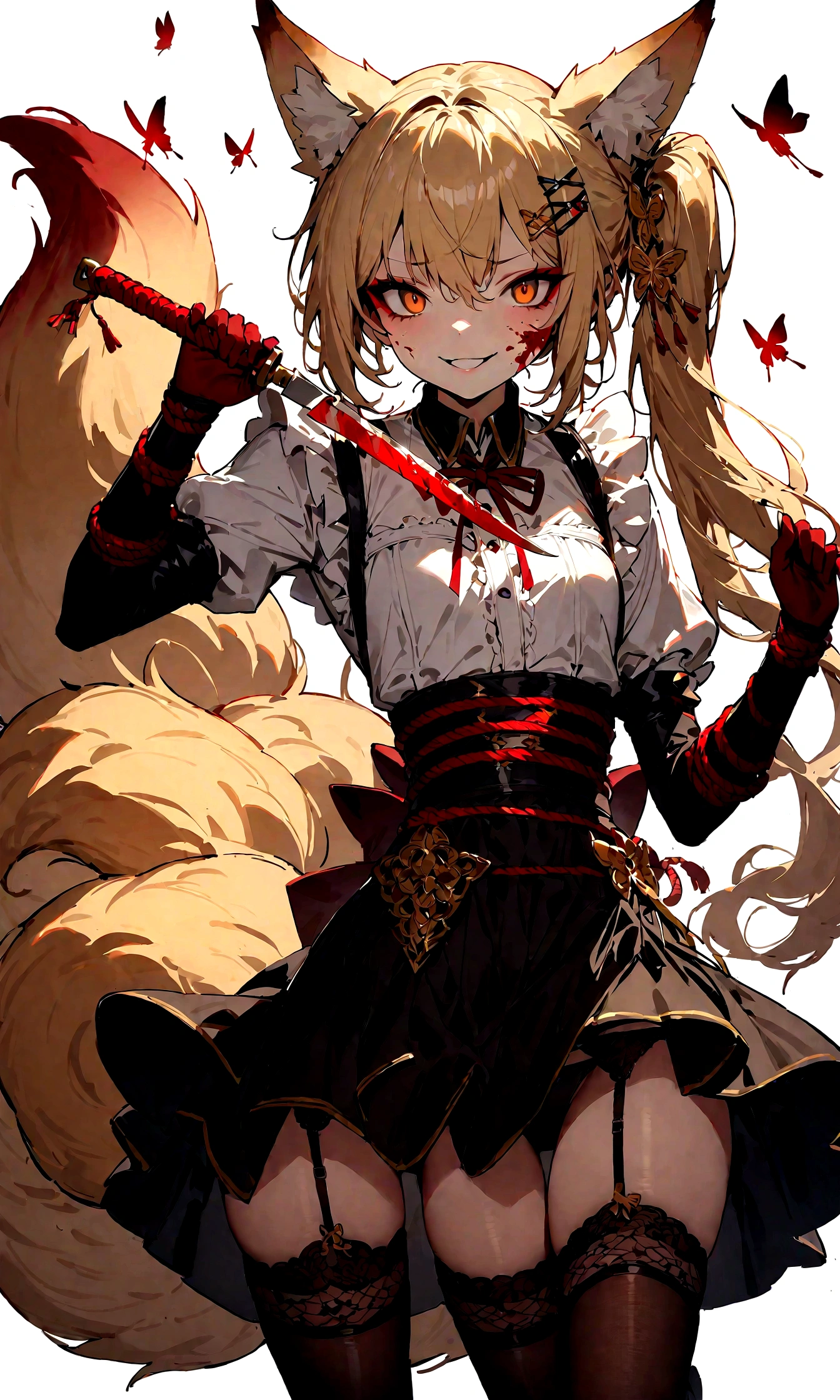 (masterpiece, best quality) junior,1girl,detailed, (beautiful,small breasts), blonde,long hair, side ponytail(tied to the left),Hairpin decoration with gold butterfly, elegant, (fox ears),nine tailed fox tail, red eyeshadow, golden eyes, femur,dark night sky,girl,yandere eyes,bloody face,피묻은 Maid복,Maid,white shirt,Black Skirt,Black stockings,Garter belt stockings,Bloody(blood on fullbody),bloody knife,ninja rope,holding weapon,evil smile