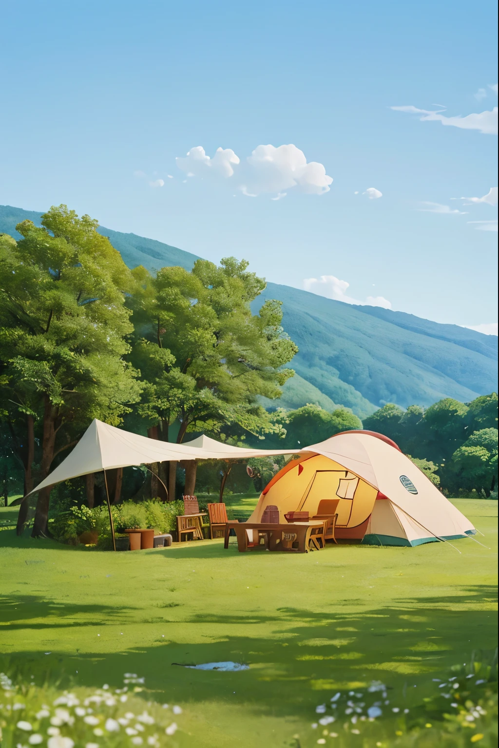 Luxurious camping site with abundant natural beauty、background、Nearby streams or lakes、No staff required、There is a small tent with table and chairs in the middle of the forest., There is a huge red Coke bottle in the back,Studio Ghibli style, Relaxation concept art, Ghibli art style, Ghibli art style, Studio Ghibli Greg Rutkowski, Studio Ghibli animation style, Studio Ghibli art style, studio ghibli artstyle, Studio Ghibli style, Studio Ghibli Environment, Ghibli style, Anime Landscape Concept Art