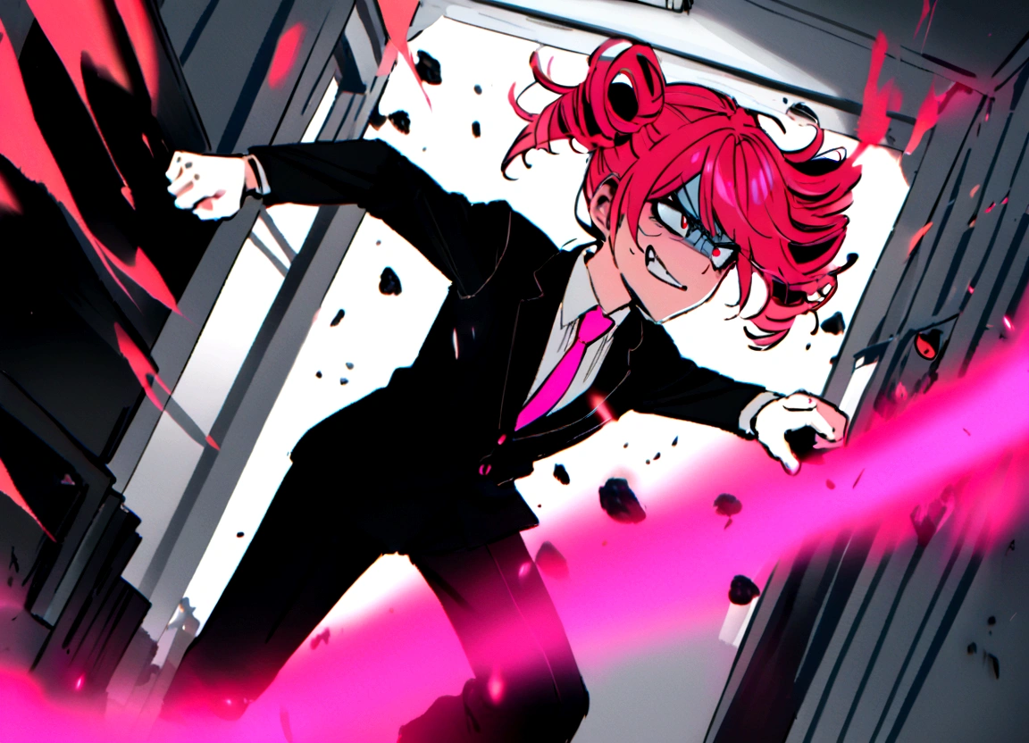 ed hair, black suit, punches, scary smile, office, destroying personal computer, flying debris