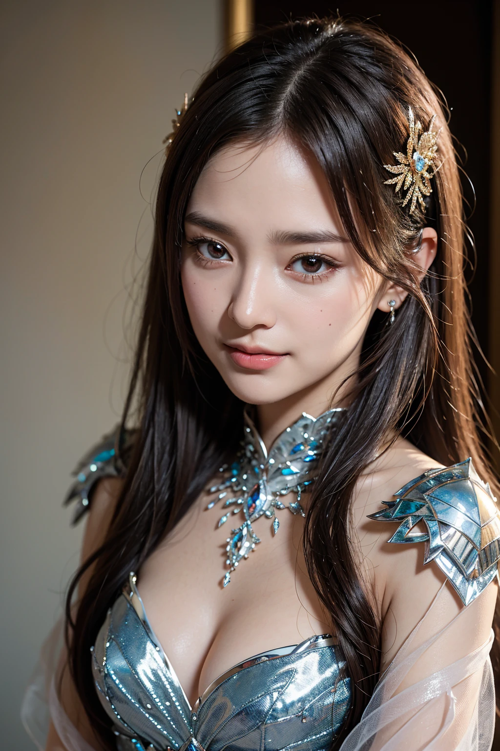 (Sillamäe:1.5), close up, masterpiece, best quality, raw photo, photorealistic, face, incredibly absurdres, hyper realistic photo of a beautiful girl (Thai Mix), seductive smile, cute, long hair, depth of field, highres, ultra-detailed, finely detail, extremely detailed, extremely detailed eyes and face, sharp pupils, realistic pupils, sharp focus, cinematic lighting,  crystal Glass Fairy Armor,
