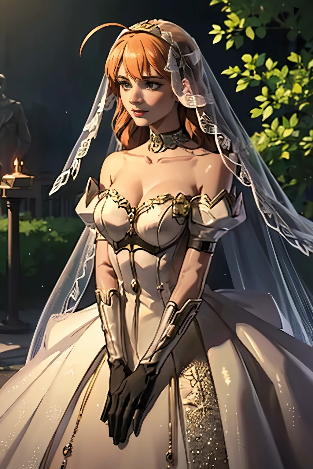 Celica FE, hair between eyes, ahoge, blonde hair, star \(symbol\), hair ornament, ruffled tulle dress, cleavage, bare shoulders, collarbone, long black elbow gloves, black gloves, black dress, black choker, strapless, tiara, veil, strapless dress, princess dress, veil, beautiful woman, perfect body, perfect breasts, wearing a princess dress, ball gown, in the park trees, wedding decorations, a warm smile, realism, masterpiece, textured skin, super detail, high detail, high quality, best quality, 1080p, 16k