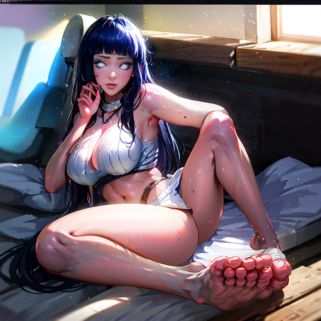 1 Girl,beautiful_Face,White eyes,Hyuga Hinata,Dark blue hair,Big breasts,whole body,Bare thighs,barefoot