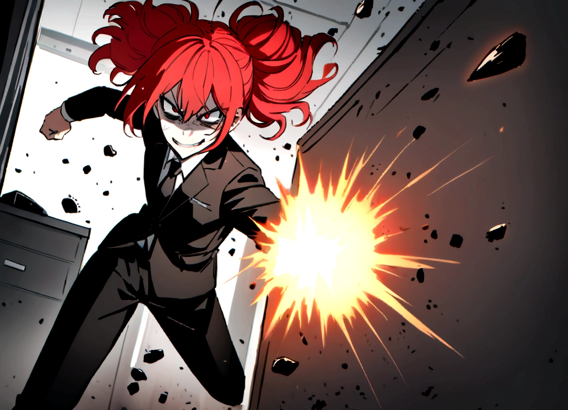 Red hair, black suit, punches, scary smile, office, destroying personal computer, flying debris