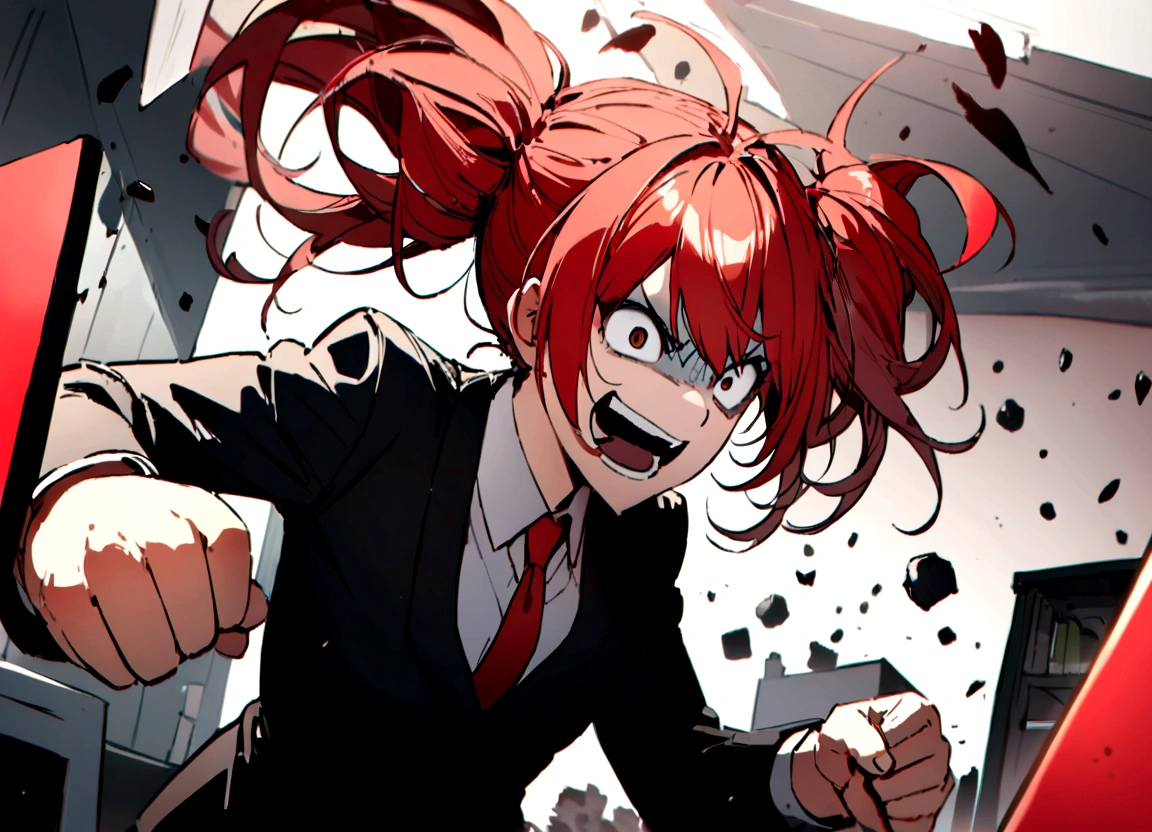 Red hair, black suit, punches, scary smile, office, destroying personal computer, flying debris