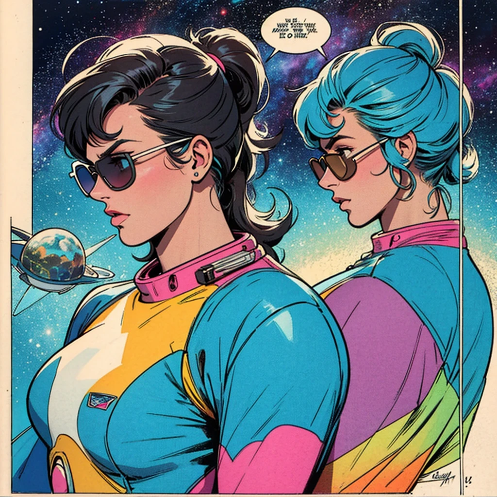 ultimate best quality,beautiful woman,speech bubble,big brest,galaxy,60s,70s,80s,colorful,cosmo,space,sunglass, profile view