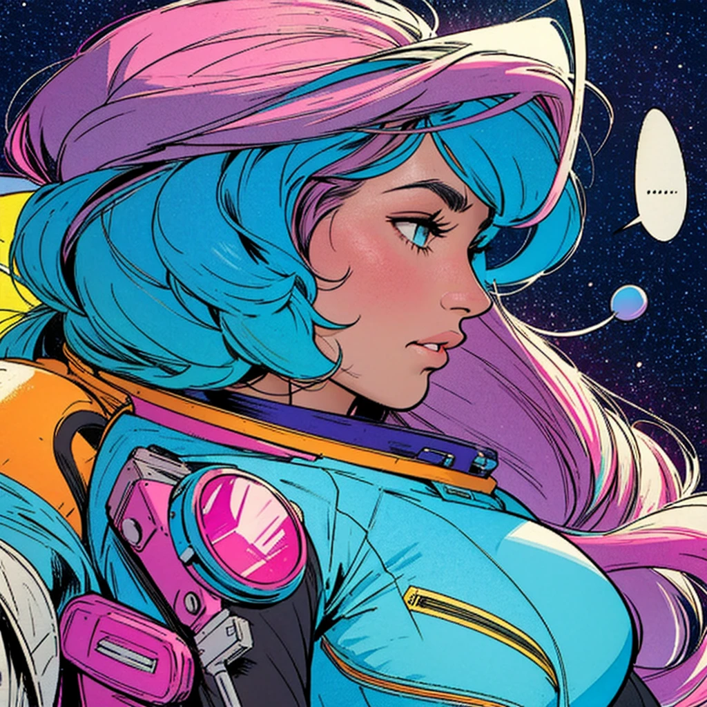 ultimate best quality,beautiful woman,speech bubble,big brest,galaxy,60s,70s,80s,colorful,cosmo,space,sunglass, profile view