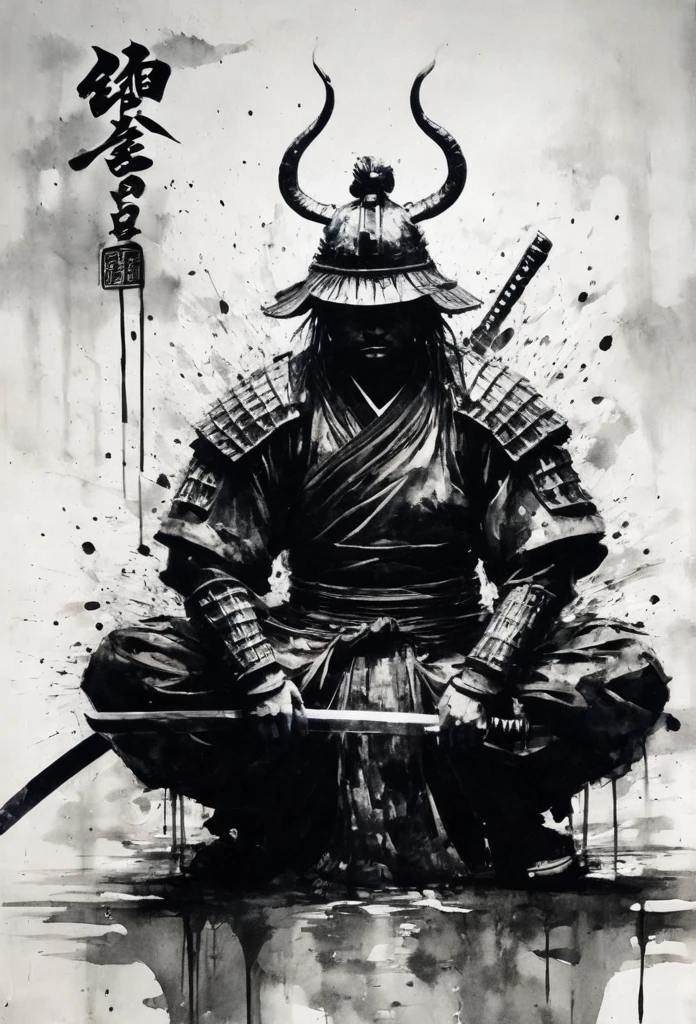 Black and white painting,Ink Painting,splash,Mamba Hair,samurai armor,sitting cross-legged,seppuku,disembowelment,