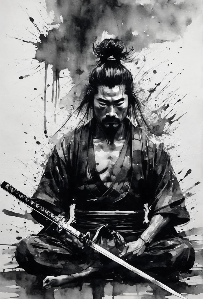 Black and white painting,Ink Painting,splash,Mamba Hair,samurai armor,sitting cross-legged,seppuku,disembowelment,