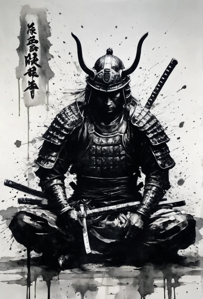 Black and white painting,Ink Painting,splash,Mamba Hair,samurai armor,sitting cross-legged,seppuku,disembowelment,