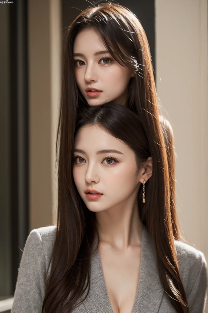 Mature Young,Office Clothes,Erotic style,very cute,whole body,Beautiful and soft skin、Perfect Face、Perfect Face,Gorgeous long brown hair,8K resolution,Ultra-realistic,Very detailed,high quality,Fashionable erotic beautiful immature woman ,(Look at the viewers)