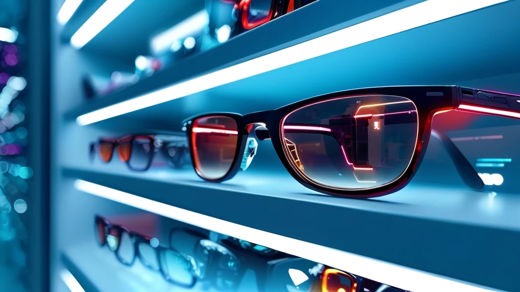 there are many glasses on the shelves in the store, futuristic glasses lenses, digital glasses, glasses without frames, optical lenses, refractive optics, tech glasses, reading glasses, glasses frames, ar glasses, glasses |, futuristic ar glasses, eye glass, holographic display lenses, glasses, cyberpunk eye wear, cool glasses, spectacles, eye glasses, eyeglasses