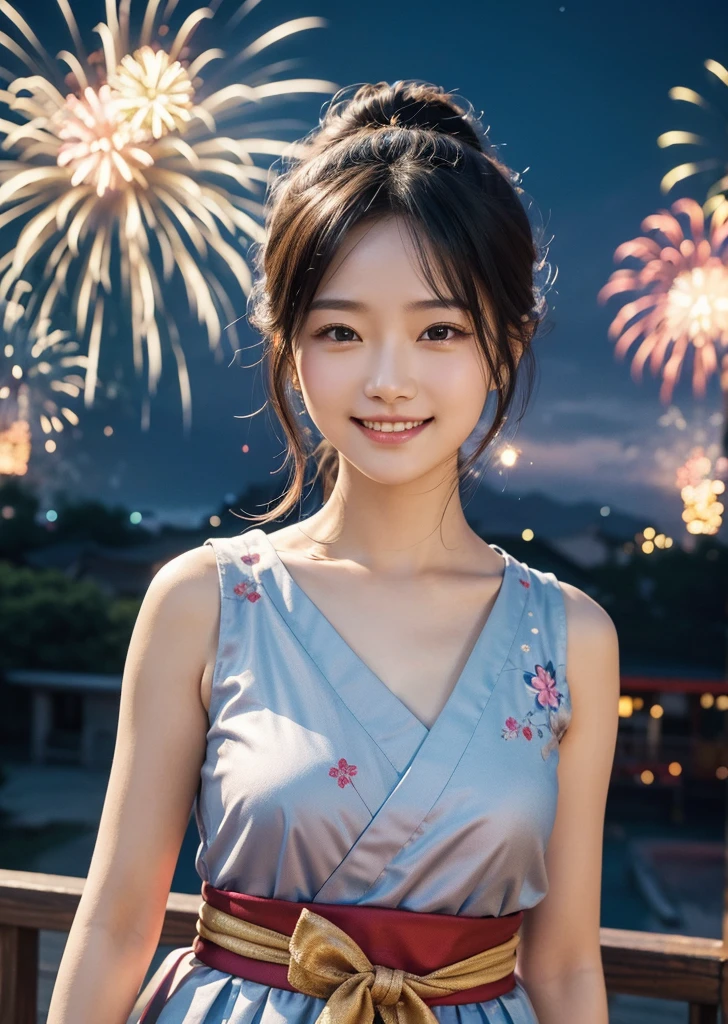 Diffuse lighting、 Highest quality, High resolution, unity 8k wallpaper、Supersaturation, Colorful, 8K resolution, 1 female、Japanese、23age、Close-up portrait adorable,Too cute cat, Fine grain, Walking through the ceremony venue in a sleeveless dress, Colorful fireworks burst into the sky. The atmosphere was cheerful, With volume light, Soft Light, Aerial fireworks、Smile happily、Japanese Festivals, Best Quality, Depth of written boundary, Detailed Background, Beautiful cheeks, Sparkling Eyes, And the starry sky at night,