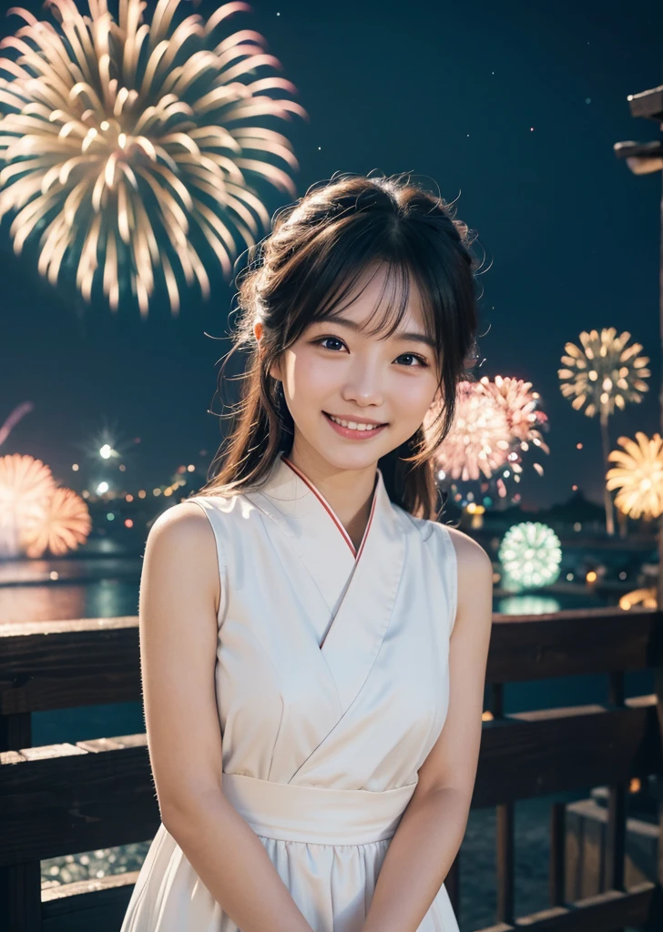 Diffuse lighting、 Highest quality, High resolution, unity 8k wallpaper、Supersaturation, Colorful, 8K resolution, 1 female、Japanese、23age、Close-up portrait adorable, Fine grain, Summer dress、Wearing a short-sleeved dress、smile、looks fun、 Colorful fireworks burst into the sky. The atmosphere was cheerful, Aerial fireworks、looks fun、Japanese Festivals, Best Quality, Depth of written boundary, Detailed Background, Beautiful cheeks, Sparkling Eyes, And the starry sky at night,