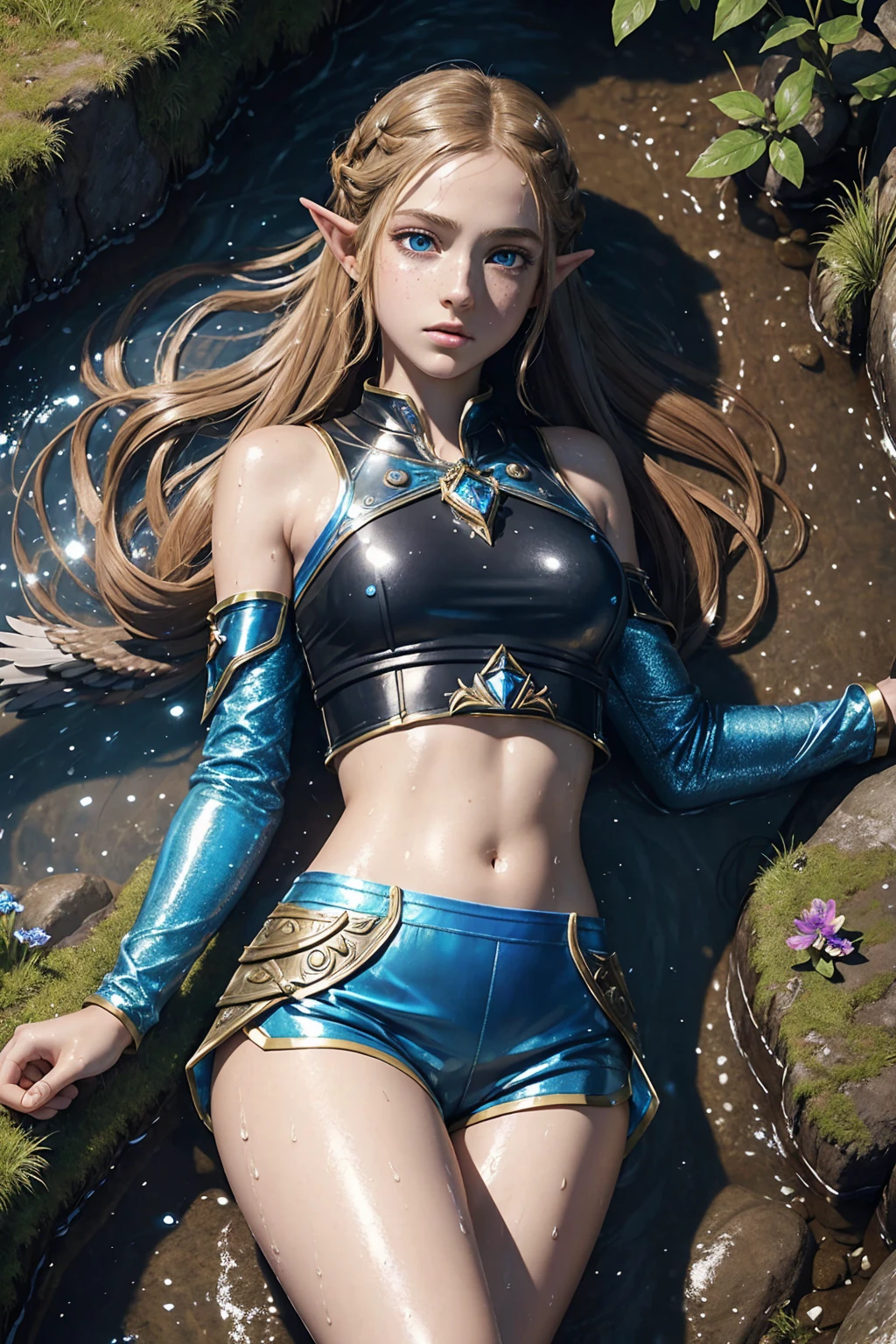 masterpiece. 4k. highly detailed epic fantasy oil painting of beautiful 12 years old Princess Zelda. sparkly blue eyes, freckles. detailed stylish suit,
shiny reflective leather shorts for the summer. crop top shirt. athletic. Hyrule motif. lying on creek. sweating. rain. river. wet.
from above, eagle eye shot, far shot. wildflowers.
