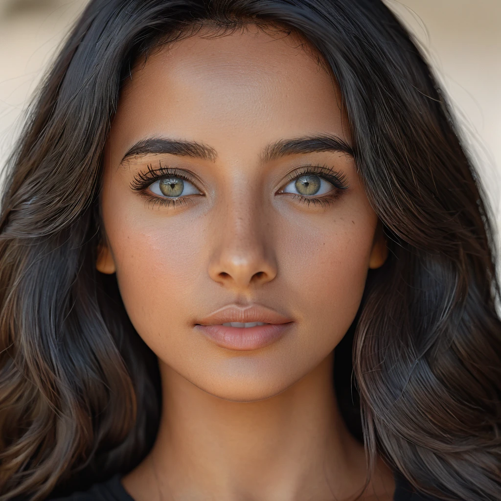 A photorealistic portrait of a 28-year-old Brazilian woman with an oval face, straight black hair, and captivating grey eyes, wearing a stylish black top. Her wheatish skin with light brown tone highlights enhances her extreme beauty, especially her beautiful lips. The image should be a close-up shot, 8k HDR, high detailed, with a focus on her facial features and natural, approachable expression, illuminated by soft, warm sunlight.