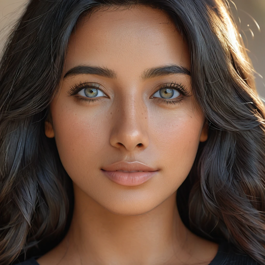 A photorealistic portrait of a 28-year-old Brazilian woman with an oval face, straight black hair, and captivating grey eyes, wearing a stylish black top. Her wheatish skin with light brown tone highlights enhances her extreme beauty, especially her beautiful lips. The image should be a close-up shot, 8k HDR, high detailed, with a focus on her facial features and natural, approachable expression, illuminated by soft, warm sunlight.