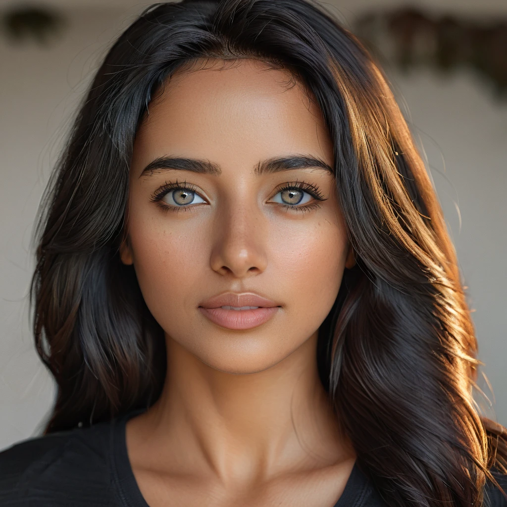 A photorealistic portrait of a 28-year-old Brazilian woman with an oval face, straight black hair, and captivating grey eyes, wearing a stylish black top. Her wheatish skin with light brown tone highlights enhances her extreme beauty, especially her beautiful lips. The image should be a close-up shot, 8k HDR, high detailed, with a focus on her facial features and natural, approachable expression, illuminated by soft, warm sunlight.