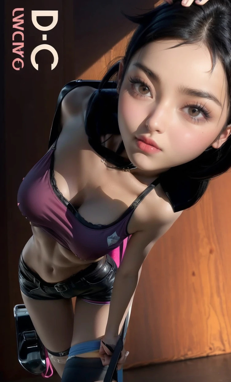 short black hair, with slightly messy bangs. Dark, penetrating brown eyes. Thin and marked build. She wears torn black shorts, blue tennis shoes, and a pink navel blouse with straps. He has an axe in his right hand and a backpack on his back. Busty.